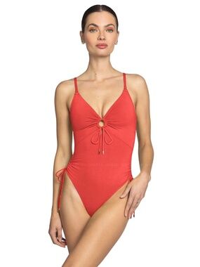 Robin Piccone Aubrey One Piece Keyhole Swimsuit Poppy Red Ruched Size 10